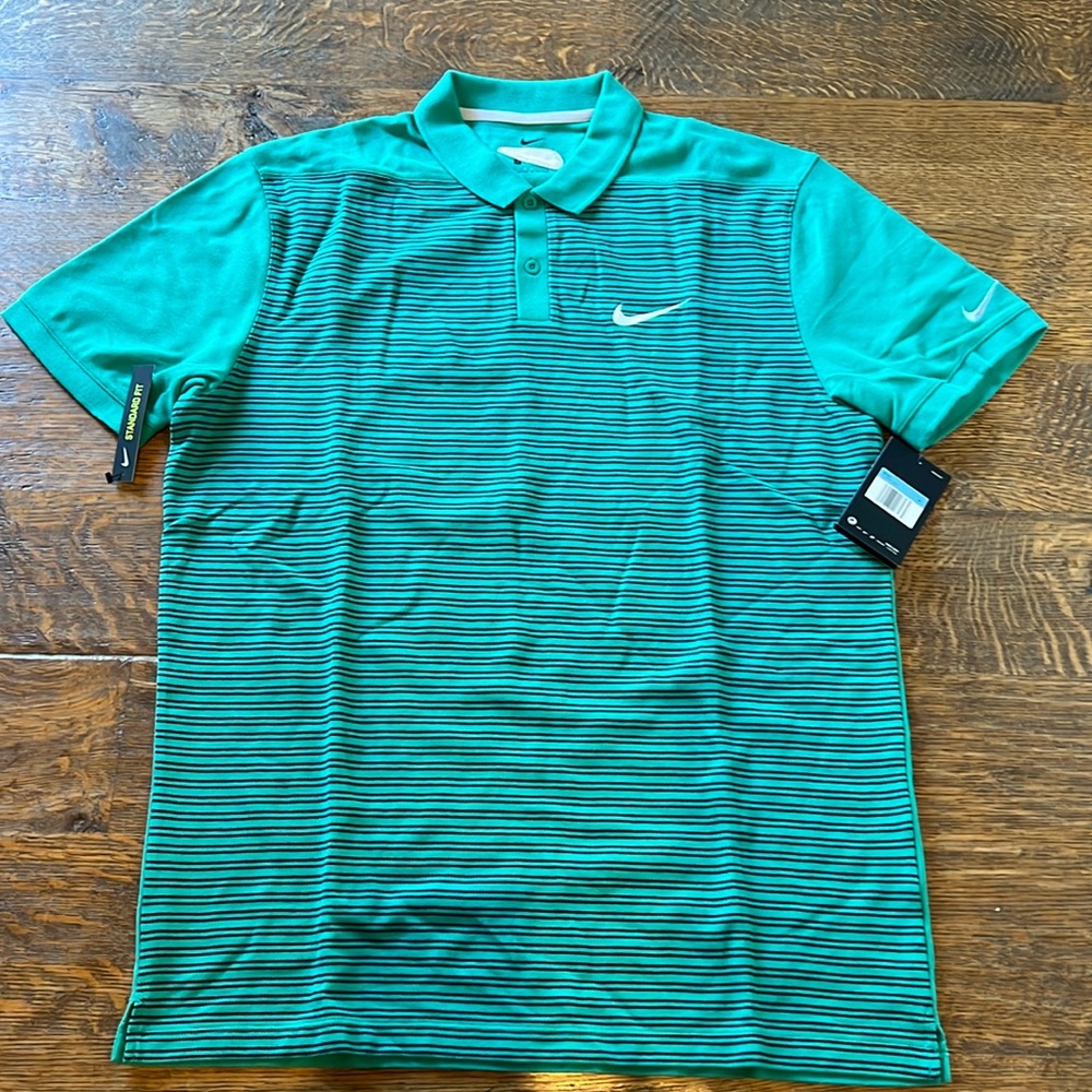 Nike Dry Fit s/s golf polo. Size medium green with navy blue stripes. NWT